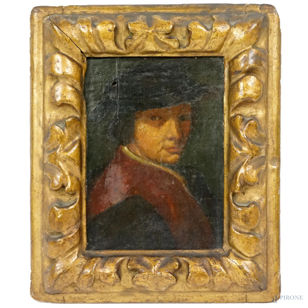 Ritratto d'uomo con cappello, olio su tavoletta, XIX secolo, cm 16,5x13, entro cornice