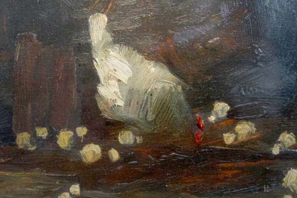 Galline e pulcini, olio su tavola, firmato e datato in basso a destra F. Rontini [19]36, cm 36,7x...