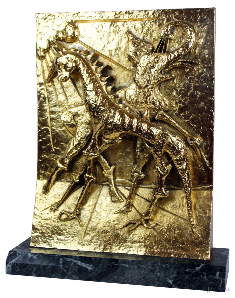 Salvador Dal&#236; - La nascita degli animali, scultura in argento galvanico dorato, multiplo, es. 459/999, cm 53,5x41,5, base in marmo verde