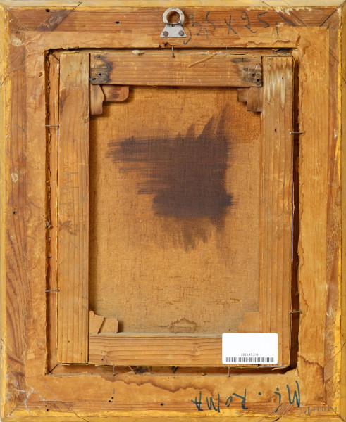 Paesaggio con torre e ruderi di caseggiati, metà del XX secolo, olio su tela, cm 32,5x24 entro co...