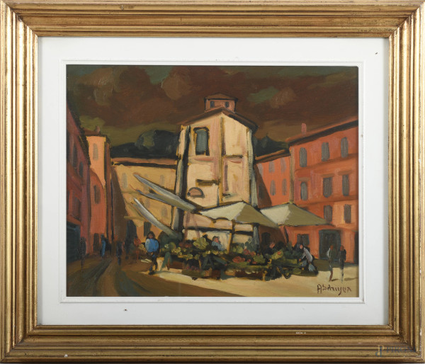 Achille Sdruscia (1910-1993), Campo de Fiori, olio su tela, cm 41x51, firmato in basso a destra, entro cornice