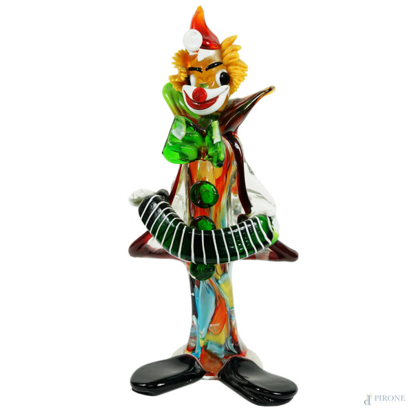 Clown, Murano, Anni '70, scultura in vetro policromo, cm h 39, (difetti)