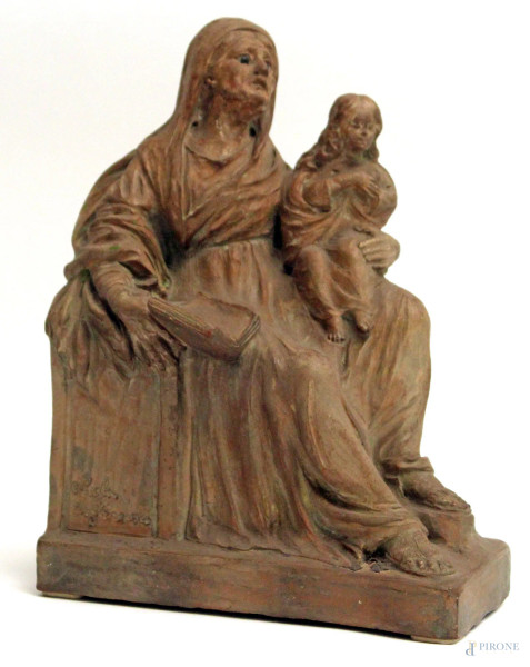 Sant&#39;Anna con bambino, scultura in terracotta, firmata Nicola di Francesco, H. 26 cm.