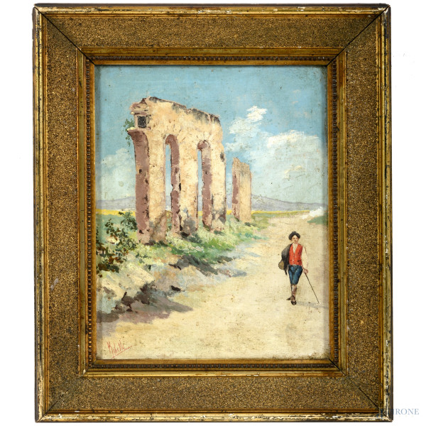 Viandante sulla Via Appia, olio su tela, cm 28x22 entro cornice, XX secolo,  firmato in basso a sinistra (difetti)