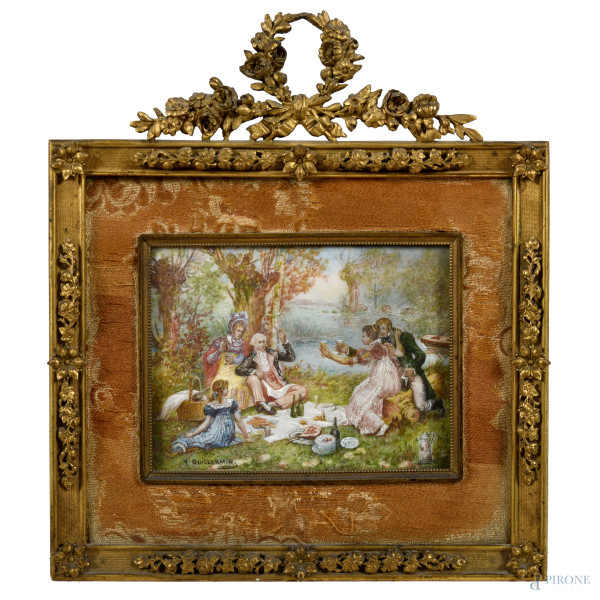 Miniatura raffigurante colazione sull'erba entro cornice, XX secolo, misure massime cm 19,5x17, (segni di usura, difetti)