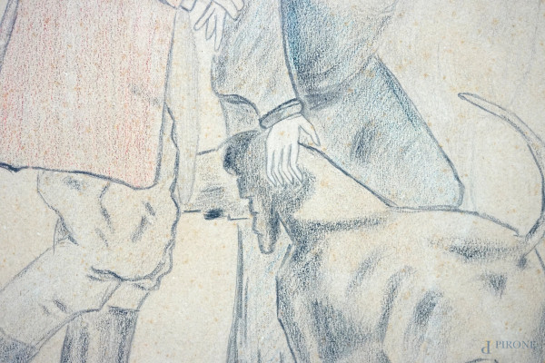 Coppia a passeggio con cane, matita e pastello su carta, cm 50x39, firmato, entro cornice