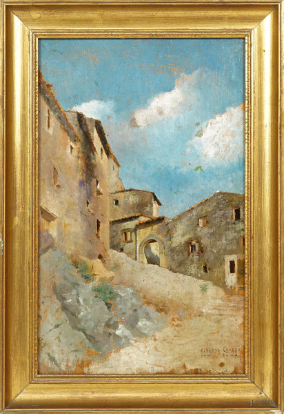 Alberto Carosi - Scorcio di paese, olio su tavola, firmato e datato, cm 41x25.5, entro cornice