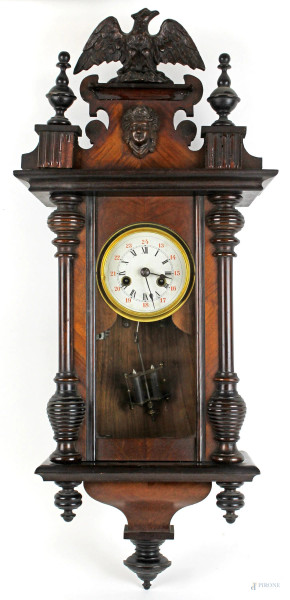 Orologio a pendolo da muro, cassa in legno, cimasa scolpita, altezza cm 73, fine XIX secolo, (da revisionare)