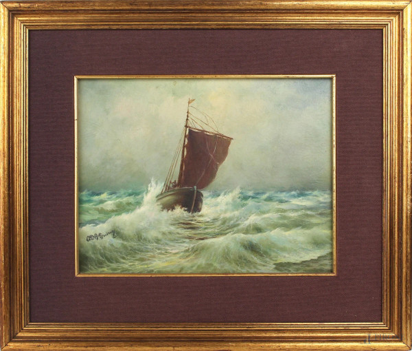 Marina con imbarcazione, olio su cartoncino telato, cm 23,5x30, firmato, entro cornice