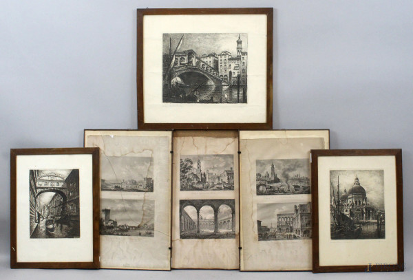 Lotto di sei stampe raffiguranti scorci di Venezia e paesaggi pugliesi, cm 52,5x35, XIX-XX secolo, entro cornici, (difetti e mancanze).