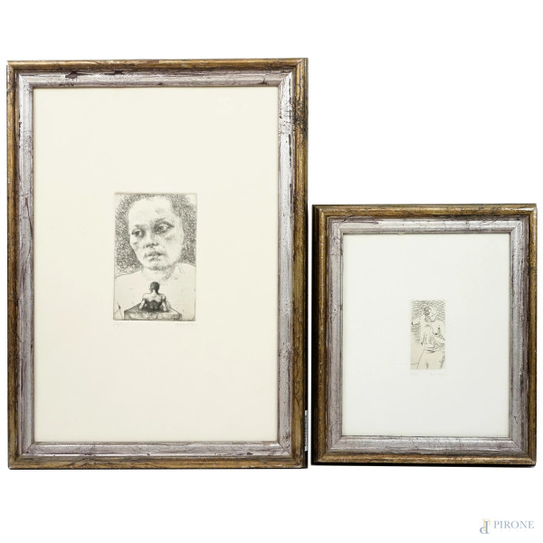 Lotto di due litografie raffiguranti soggetti diversi, misure max cm 49x34,  firmate Tamburi ed Attardi, entro cornici