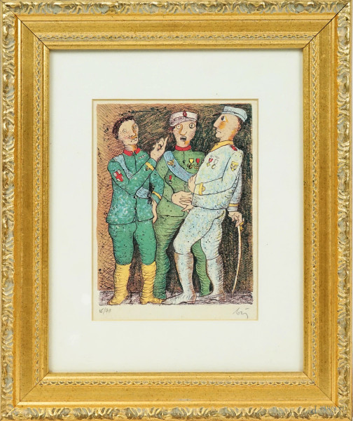 Enrico  Baj - Soldati, litografia a colori, cm 16x12, es. 16/70, entro cornice.