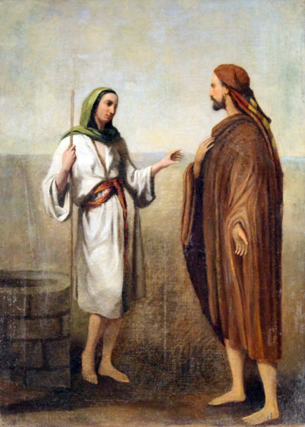 Artista del XIX sec, Cristo con la buona samaritana, olio su tela cm 94x65, entro cornice.
