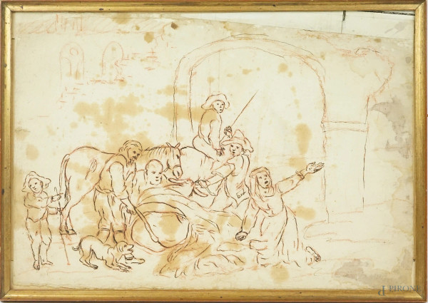 Scena di genere, antico disegno, tecnica mista su carta, cm 30x43, entro cornice, (macchie)