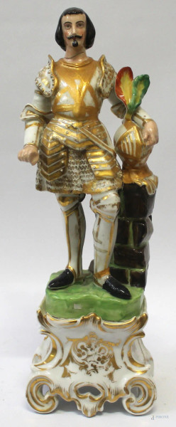 Personaggio, scultura in porcellana policroma, fine XIX sec., h. 43 cm, (restauri)