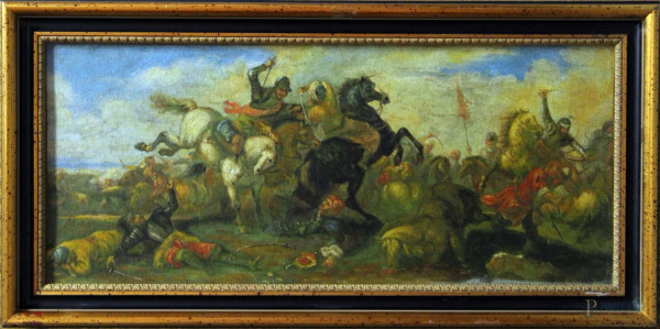 Scena di battaglia, olio su tela, 35x80 cm, entro cornice