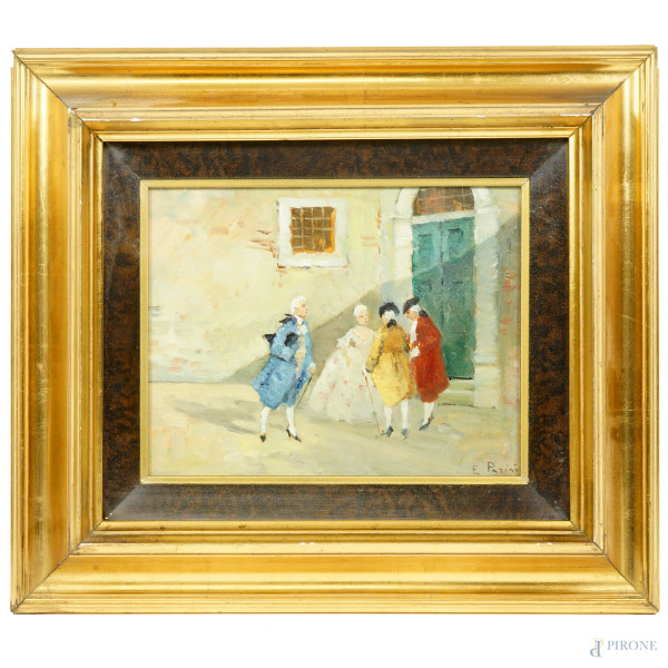 La conversazione, olio su cartoncino, XX secolo, firmato in basso a destra, cm 19x24, entro cornice