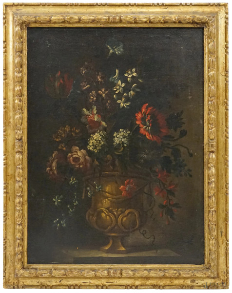 Pittore del XVIII secolo, Vaso con fiori, olio su tela, cm 83x63, entro cornice, (lievi difetti)