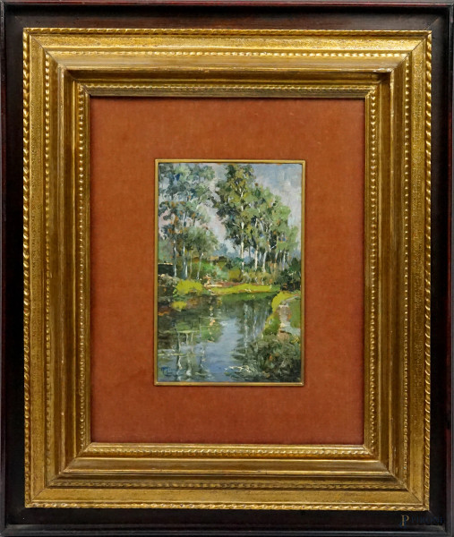 Alessandro Monsagrati - Paesaggio fluviale, olio su tavola, cm 22,5x14,5, entro cornice