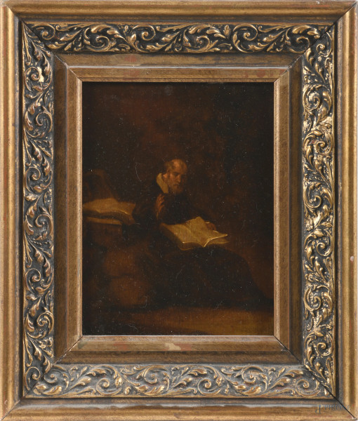 Lo studioso, XVIII-XIX secolo, olio su tavola, cm 21,5x15,5, entro cornice, (lievi segni di usura, abrasioni)