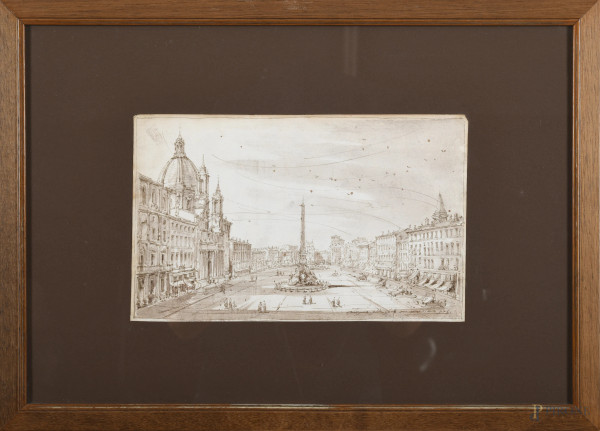 Piazza Navona, XIX secolo, disegno a inchiostro acquarellato su carta applicato su carta, cm 18,5x30, entro cornice, (segni di usura, tracce di umidità, increspature della carta, difetti)
