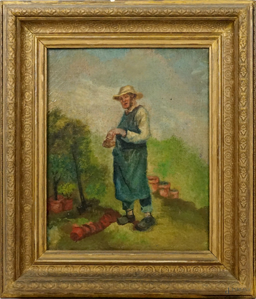 Contadino, olio su tela, cm 35x29, inizi XX secolo, entro cornice, (piccoli difetti sulla tela).