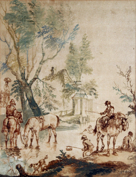 Pittore nord europeo, Paesaggio palustre con figure e cavalli, acquarello cm 30x36, entro cornice siglato.