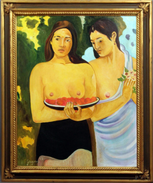 Omaggio a Gauguin, figure, olio su tela, cm. 100x82, entro cornice.