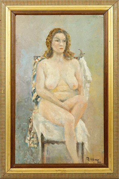 Nudo di donna, olio su masonite, cm 55x33, firmato, entro cornice.