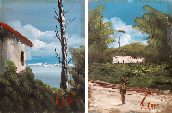Paesaggi ameni, coppia di dipinti degli anni &#39;50 a olio su faesite, ciascuno cm 40x30, firmati