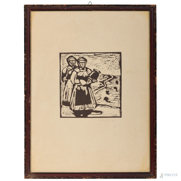 Donne sarde, XX secolo, xilografia, cm 41,5x31,5, firmato e datato 925 in basso a destra, entro cornice, (lievi segni di umidità, piegature e ondulazioni)