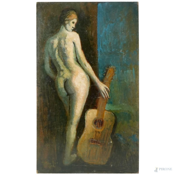 Nudo femminile con chitarra, olio su masonite, cm 25x40