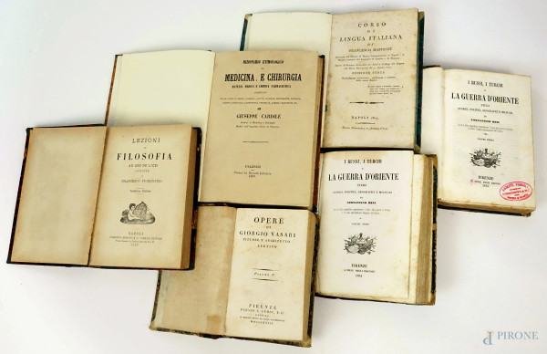 Lotto di sei volumi d'argomento letterario, storico e scientifico, (difetti, macchie e pagine recise).