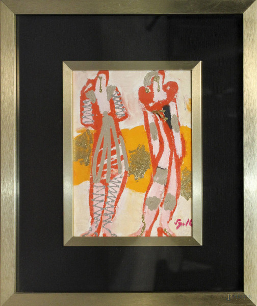 Antonio Vangelli - Figure, tecnica mista su tela 23x18 cm, entro cornice.