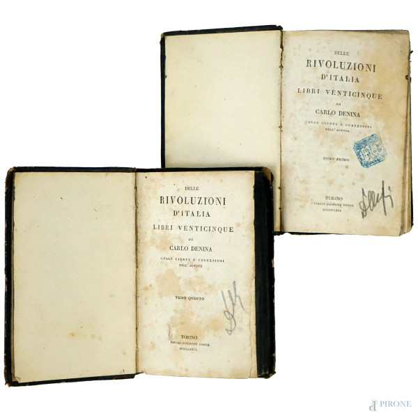 Delle rivoluzioni d'Italia di Carlo Denina, Torino, presso Giuseppe Bomba, 1829, tomo primo e tomo quarto, (difetti)