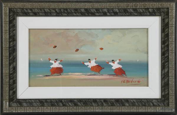 Norberto Martini ( 1940-2007), Colpo di vento, olio su compensato, cm 20x40, firmato in basso a destra, firmato e titolato al retro, entro cornice, corredato di certificato di autenticità rilasciato dalla Galleria Spagnoli