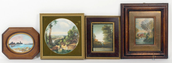 Lotto composto da quattro miniature a soggetto di paesaggi di cui tre solo dipinte ed uno stampa, misure max. diametro 15 cm.