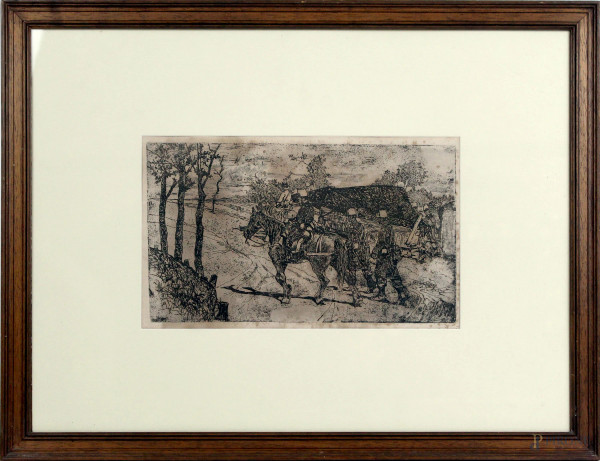 Giovanni Fattori - Paesaggio con soldati, acquaforte su carta, cm 18x30, entro cornice.