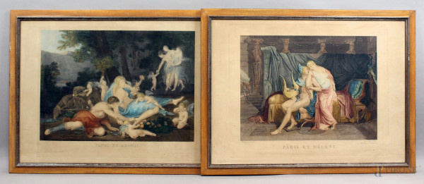 Coppia di stampe a colori raffiguranti "Venere ed Adone" e "Paride ed Elena", Francia, prima metà XX secolo, cm 55x77, entro cornici.