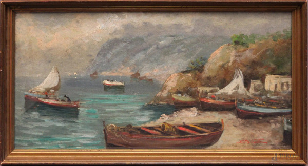Marina con barche, olio su tela riportato su cartone 32x60 cm, firmato, entro cornice.