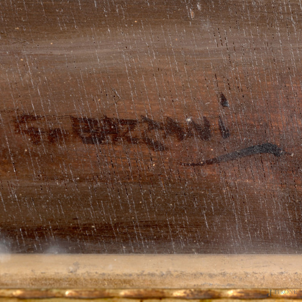 Carro con buoi, XX secolo, olio su compensato, cm 70x100,5, firmato in basso a destra, entro corn...