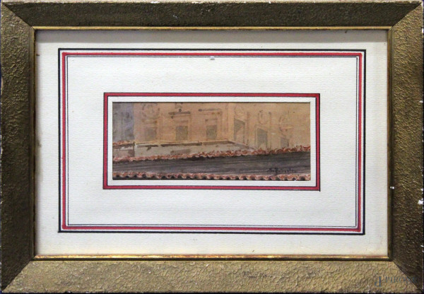 Bozzetto di palazzo, acquarello su carta 7x15 cm, firmato entro cornice.