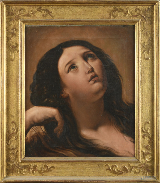 Volto di Maddalena, XIX-XX secolo, olio su tela, cm 49,5x41,5, entro cornice, (segni di usura, craquelure)