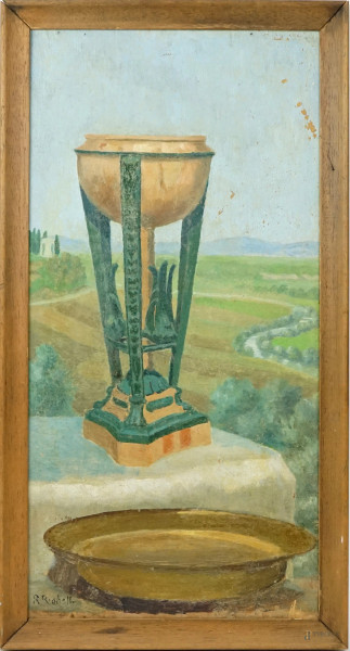 Paesaggio con vaso su base a tripode, olio su masonite, cm 58,5x30, firmato R. Righetti, entro cornice, (difetti).