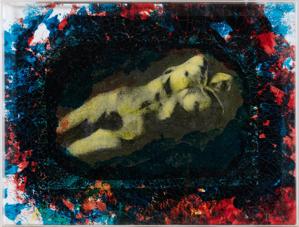 Franco Valente, Le ragioni del corpo, tecnica mista su tela, cm 30x40, titolato, firmato e datato " Roma aprile 2004" al retro, entro teca in plexiglass