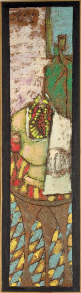 Paolo Da San Lorenzo - Tavola imbandita, olio su tavola, cm. 25x90, entro cornice.