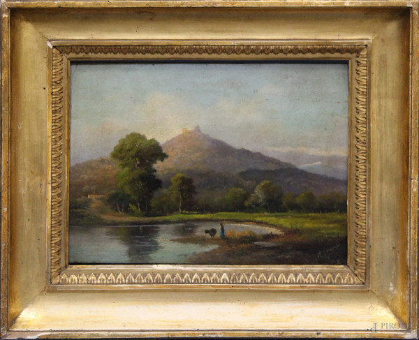 Paesaggio lacustre con pastorella, olio su tavola, XIX sec., cm 24 x 35, entro cornice.