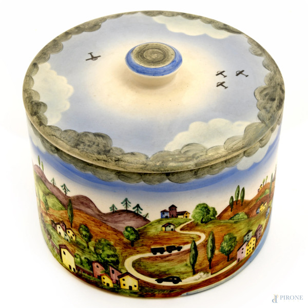 Produzione Lenci per Fiat Torino, anni Cinquanta, Portabonbon in ceramica policroma con coperchio...
