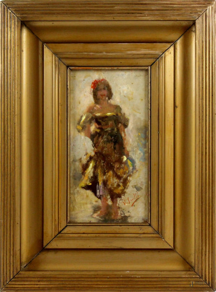 Ritratto di donna, bozzetto ad olio su compensato, cm 18x10, firmato, entro cornice