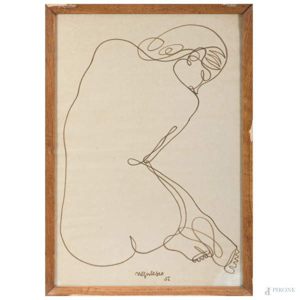 Jan Negulesco (1900-1993), Nudo di donna, pennarello su carta,  cm 75x51,5, firmato e datato "56" in basso, entro cornice, (ondulazioni della carta)